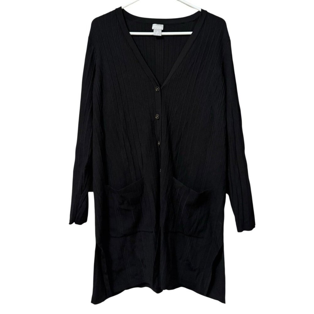 Chico's Ribbed Duster Cardigan Pockets Button Front Long Sleeve Women 2 Size L